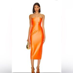 Milly Opal Satin Strapless Dress in Bright Orange